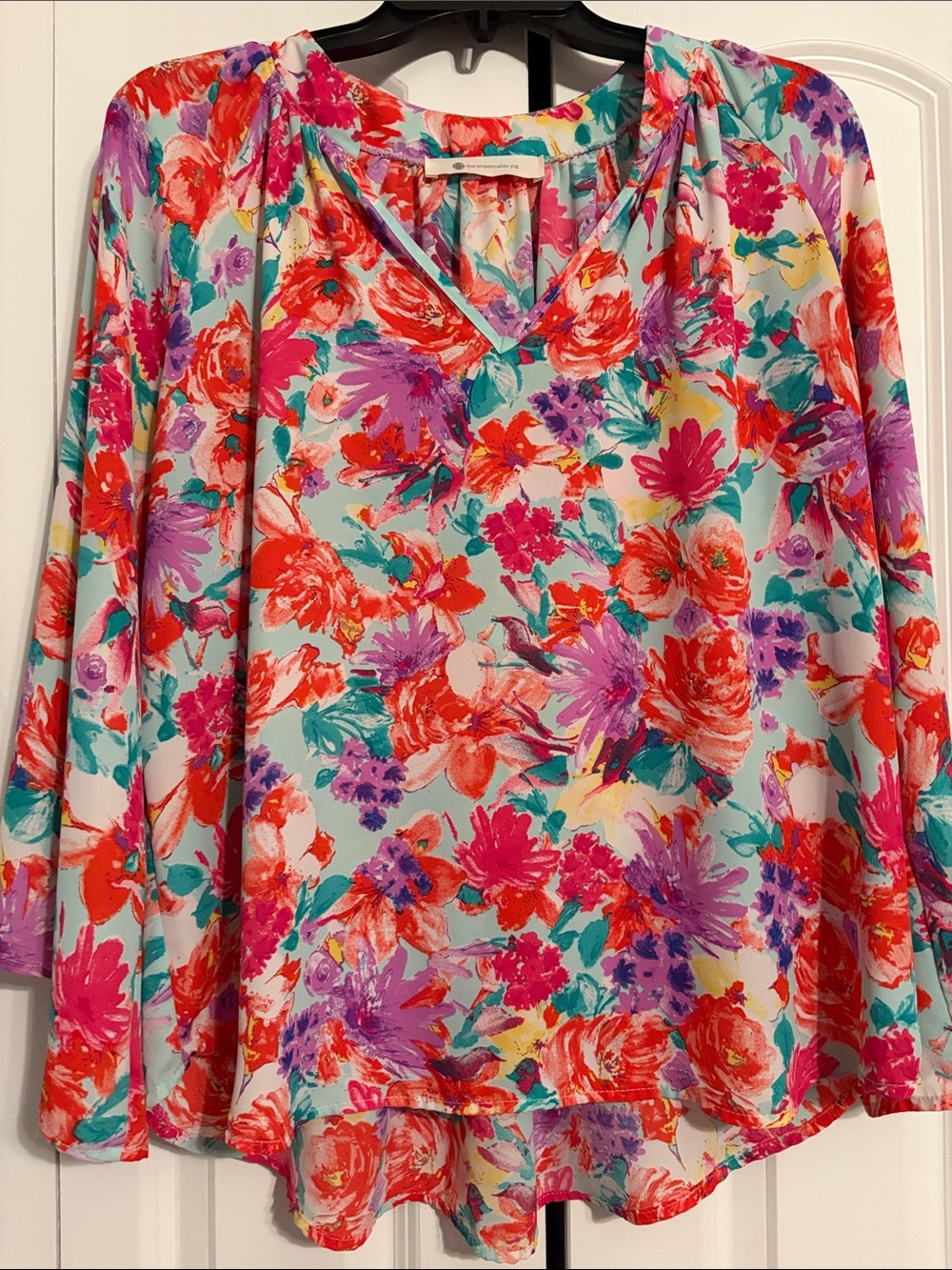 The Impeccable Pig Floral V-Neck Blouse in Teal, Pink & Red